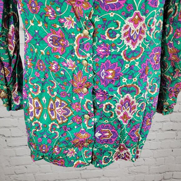NWT VTG Richard Warren Green 100% Silk Floral Gold Button Long Sleeve Blouse 4 - Picture 7 of 16